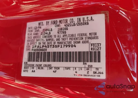 1995 Ford Mustang Gt/Gts из США, поврежденный, VIN 1FALP45T3SF179904